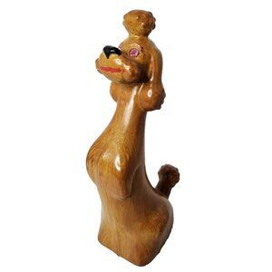 Vintage Hand Carved Wood Poodle Dog Figurine Statue Pink Eyes Mid Century Modern